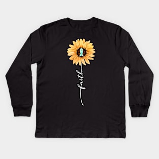 Faith Sunflower Teal Ribbon Cervical Cancer Awareness Kids Long Sleeve T-Shirt